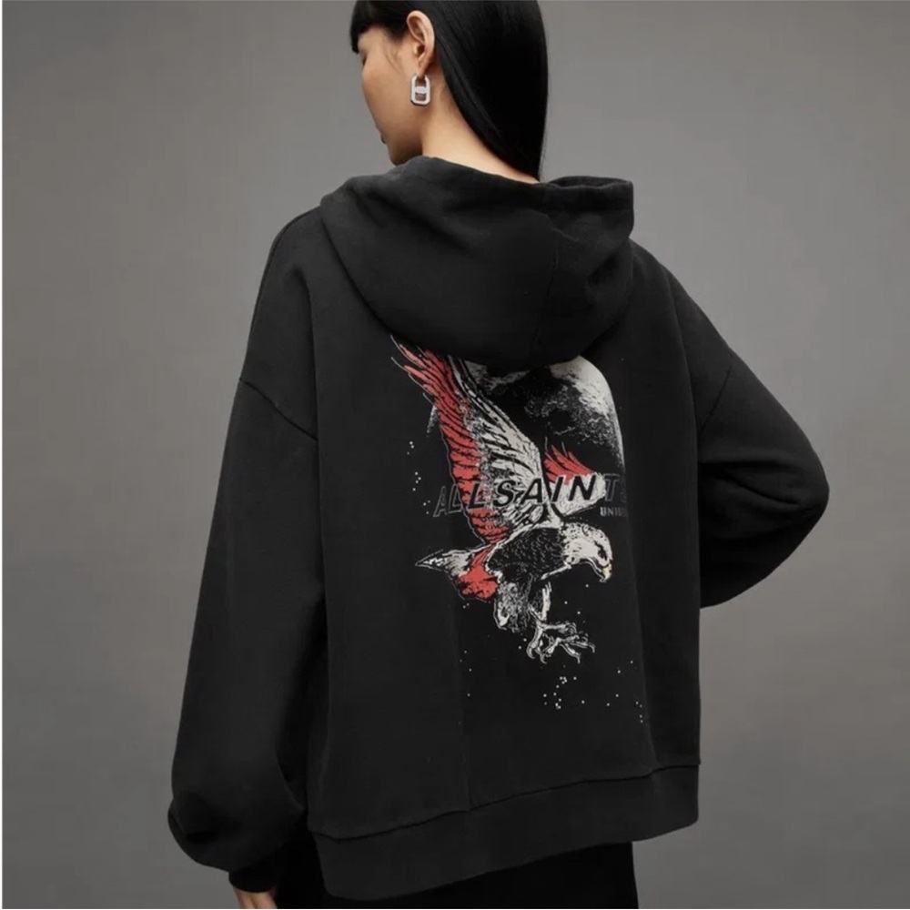 All Saints Stardust Rihan Black Hoodie with Eagle Graphic and Red Accents